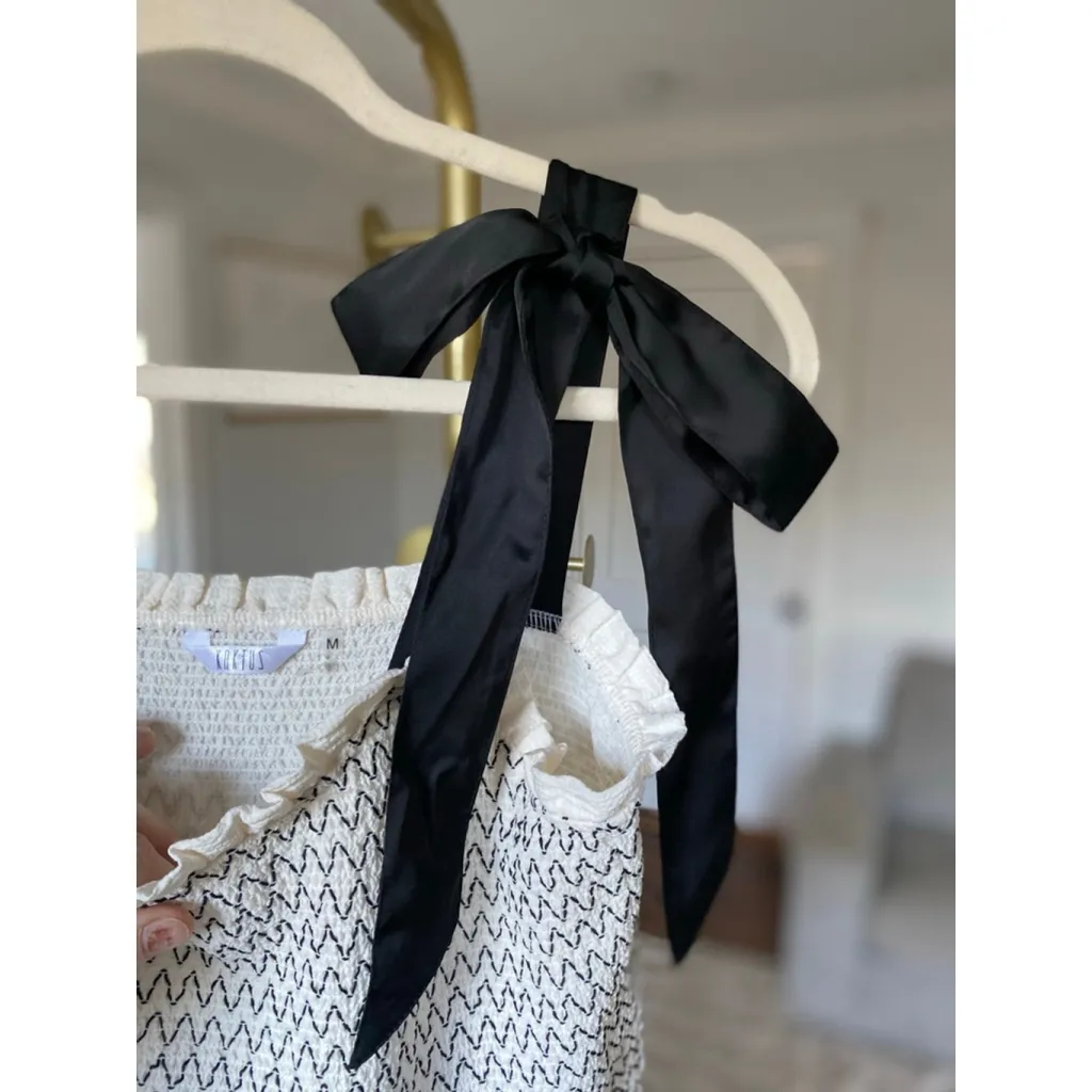 Kaktus Smocked Maxi Dress Black Satin Bow Tie Straps White Tiered M Cottagecore Size M - Image 4