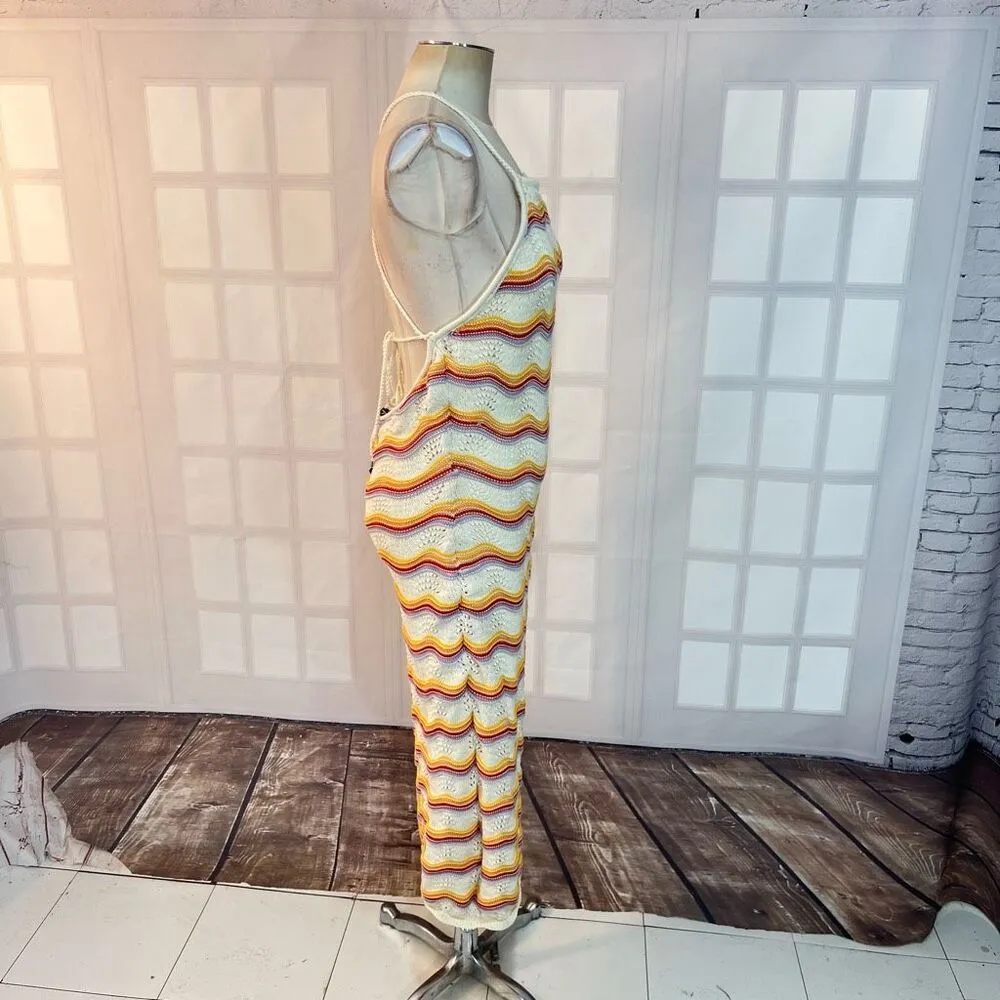 Lulus Natural Bliss NWT Ivory Striped Crochet Lace Up Halter Midi Dress Medium - Image 8