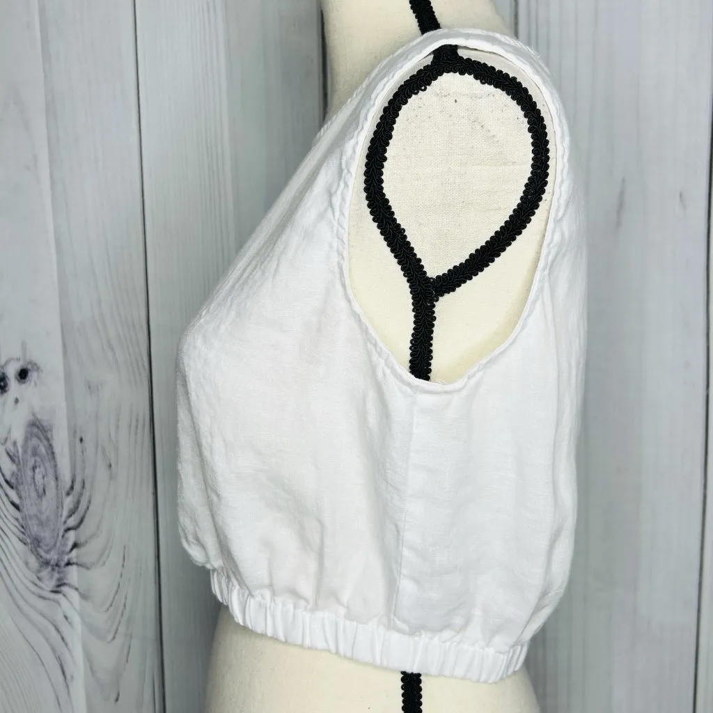 OLIVACEOUS Sz M White Sleeveless Top Linen Blend Keyhole Neck Elastic Waist - Image 4