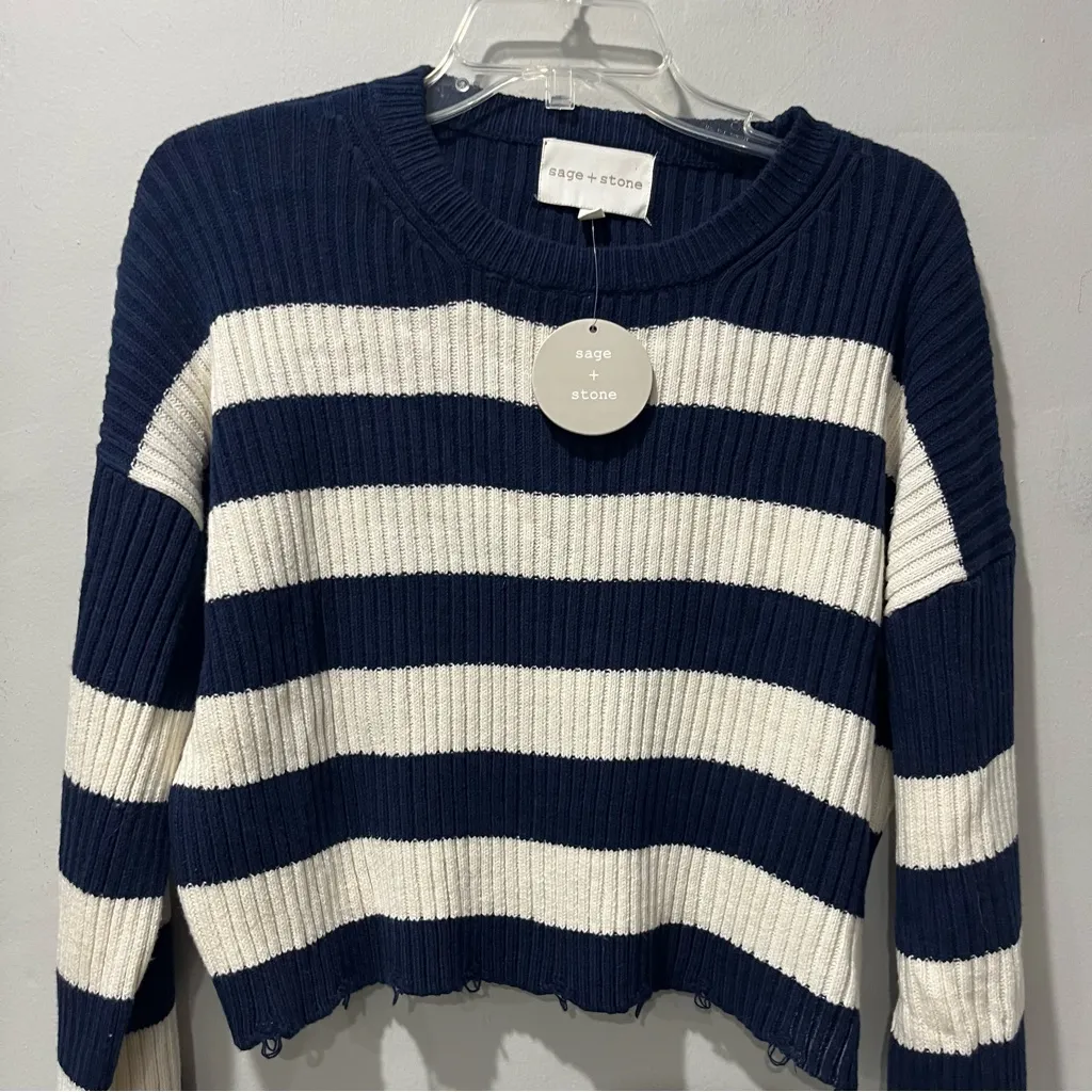 NEW Sage & Stone Crop sweater Striped Navy Blue Cream Distressed Size Large - Image 4