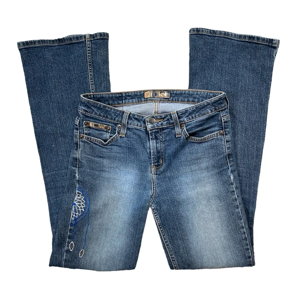 Vintage Y2K L.E.I. Custom Embroidered Moon and Stars Dream Catcher Flare Jeans Blue Size undefined - Image 10