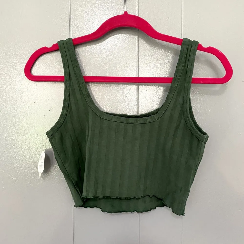 NEW Aerie Offline Olive Green Ribbed OG Groove Lettuce Hem Crop Top S - Image 3