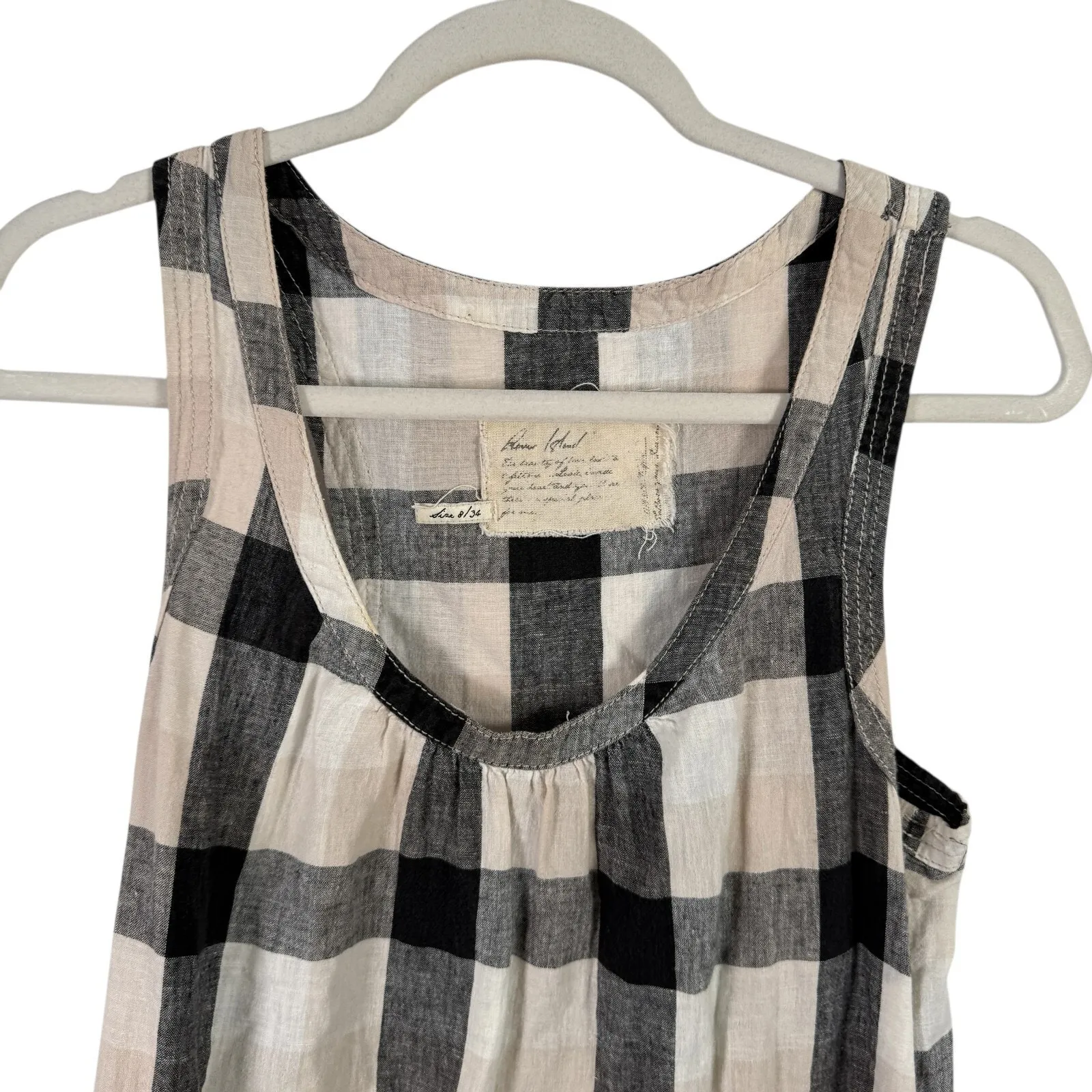 Black White Ginham Plaid Dress Linen Blend Lagenlook Coastal Beachy Womens 8 - Image 3