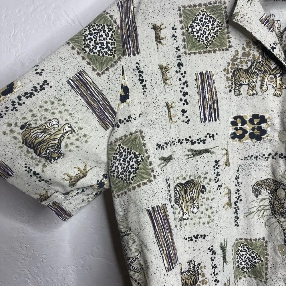 Vintage Safari 1x Plus Print Button Front Shirt Tiger Leopard Print Size Brown - Image 6