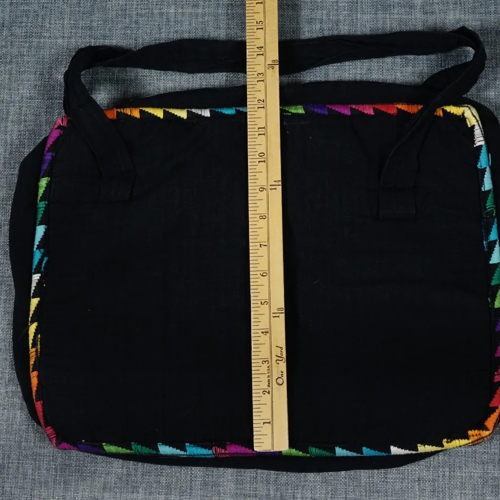 Spanish Floral Tote Handbag Stitched Flower Multicolor Hippie Boho Bag MCM Black - Image 4