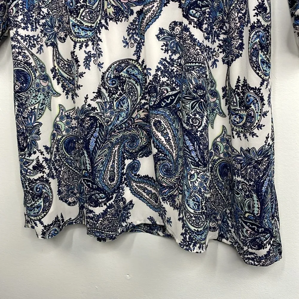 DR2 Shift Dress Paisley Print front tussles split sleeves size Medium Blue - Image 9