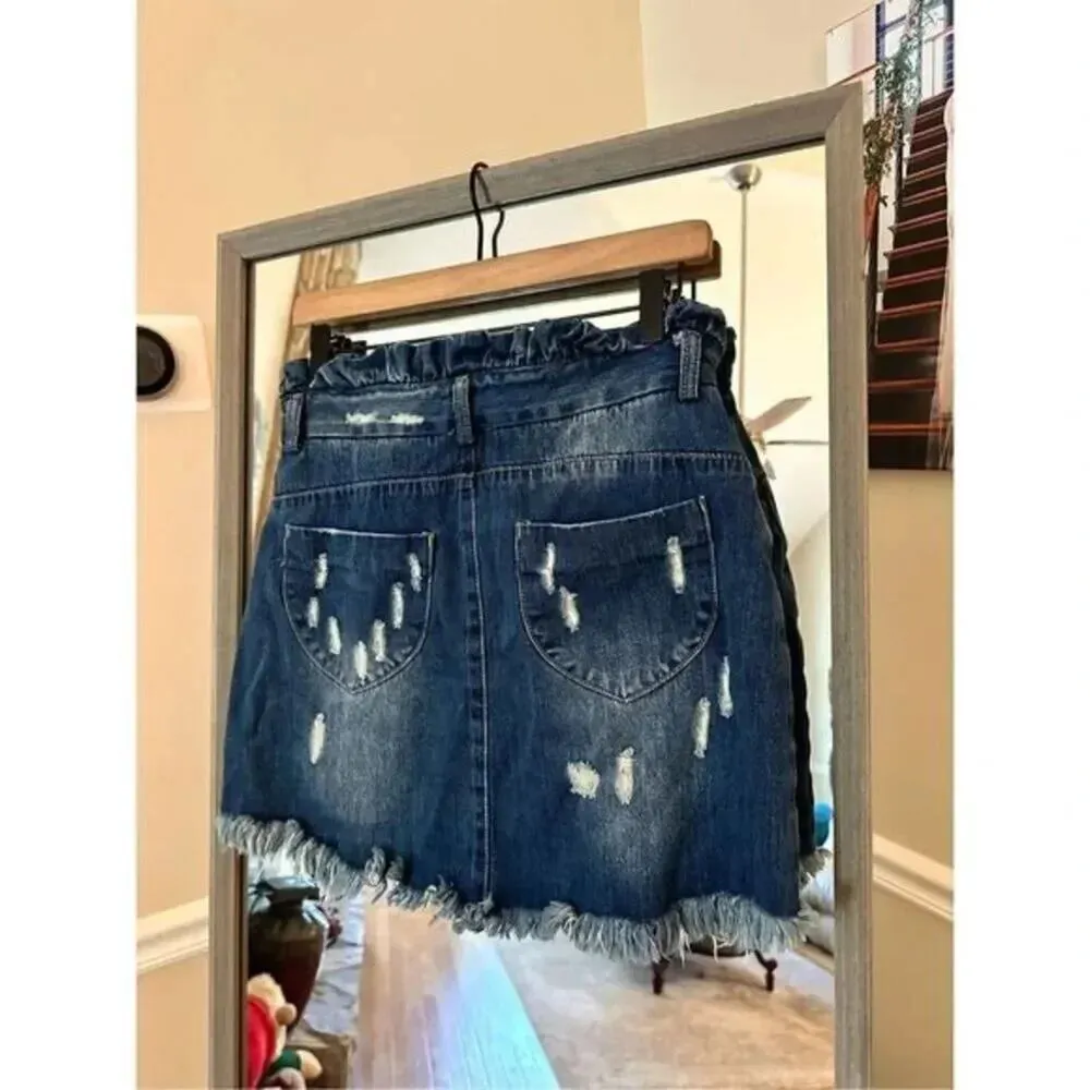 Hayden Denim Mini Skirt Distressed Frayed Hem - Image 5