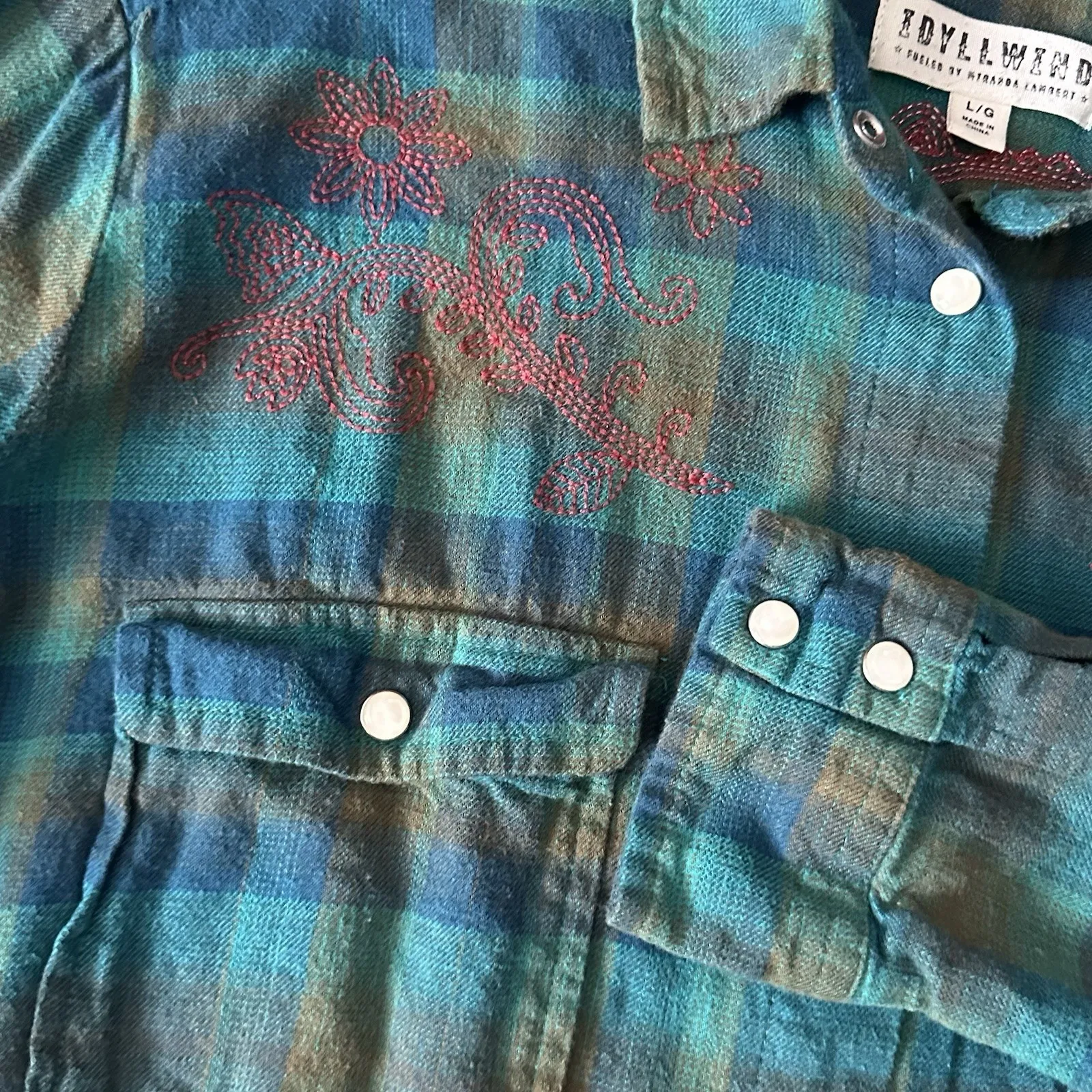 Idyllwild Flannel LS Western Shirt‎ Women L Pearl Snaps Embroider Teal Tan Coral Size XL - Image 3