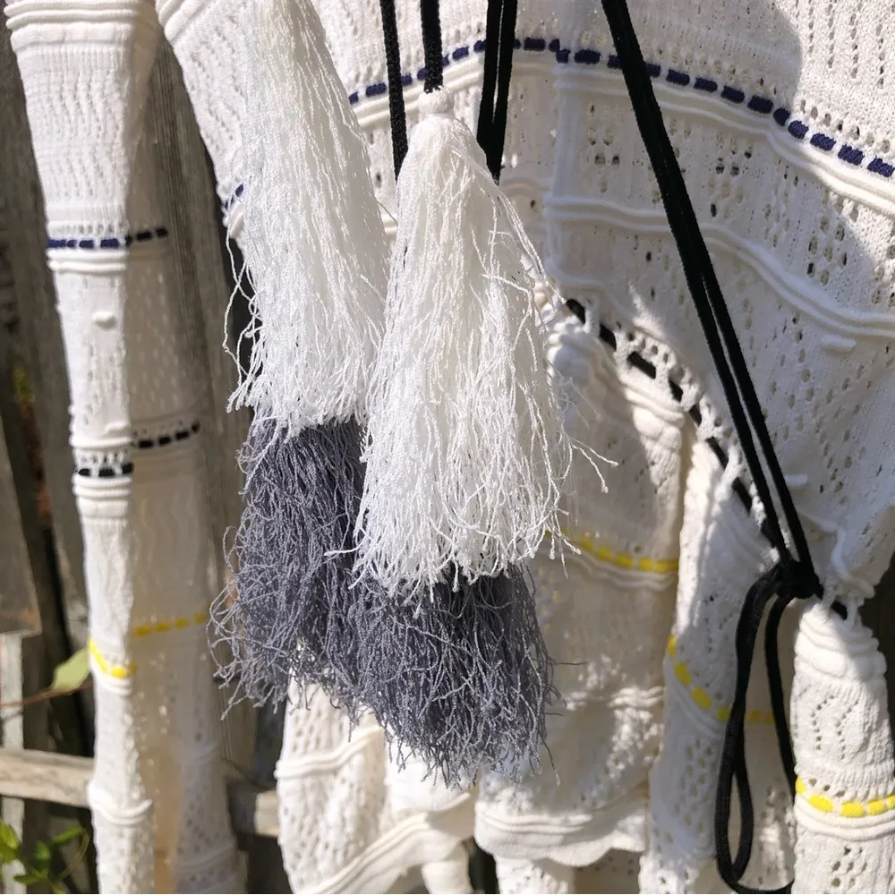 Ronny kobo henya white open knit tie tassel bell long sleeve sweater top XS - Image 9