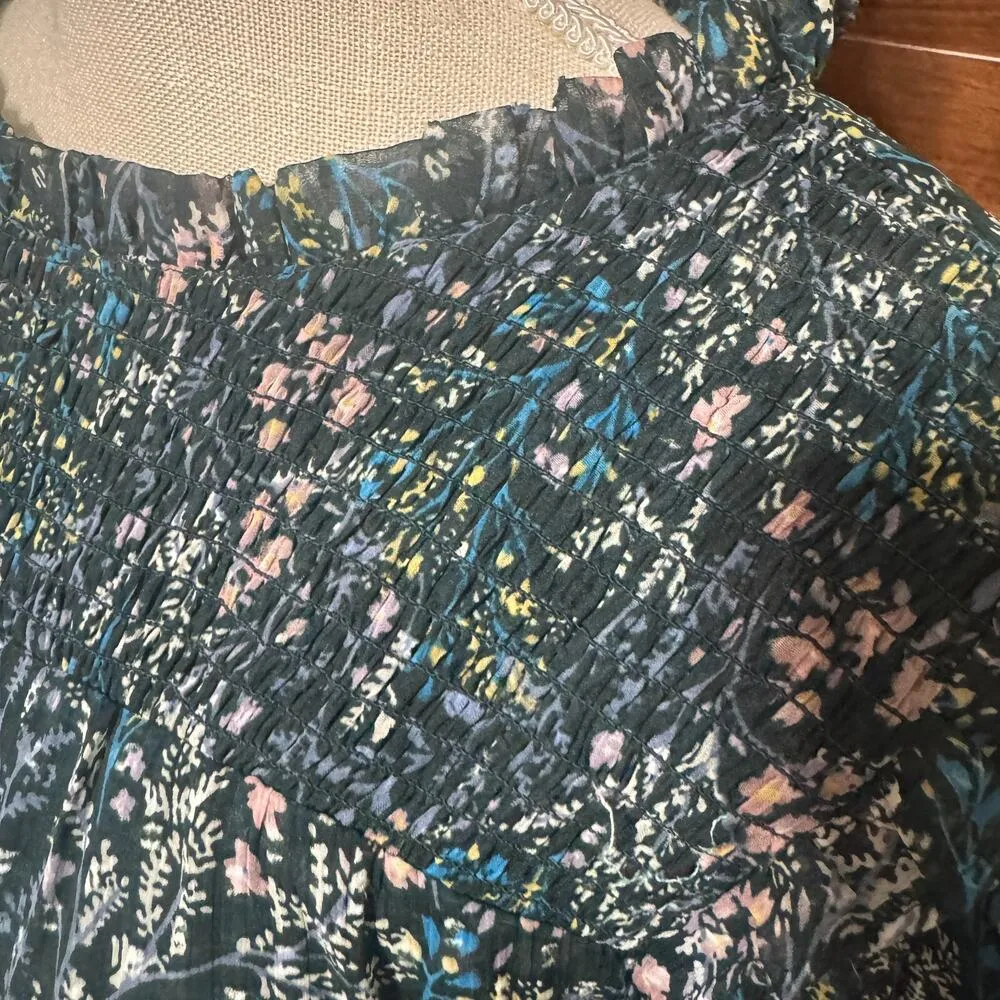 Loft Green Floral Dress sz 4 Smocked Cottagecore Fairy Ditsy Prairie Mini - Image 4