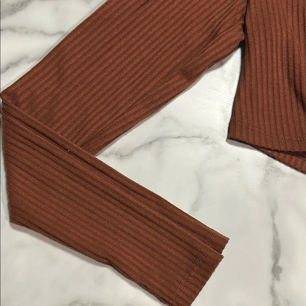 Princess Polly Brown Ribbed Tie Front Crop Blouse - Image 4