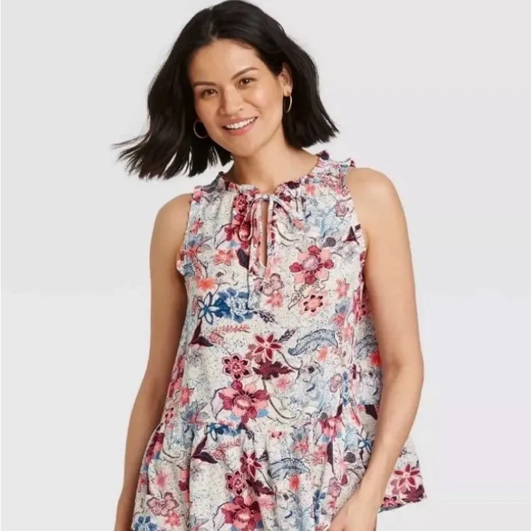 Knox Rose Floral Red White Blue Ruffled Skirted Blouse Size xs - Image 7