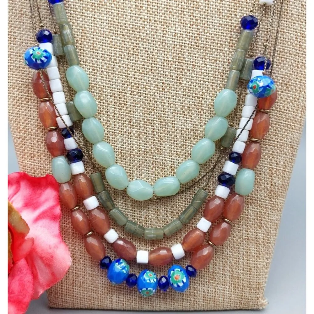 Long Multi Strand Glass Mixed Bead Necklace Dark Gold Tone Chains Colorful 28" - Image 3