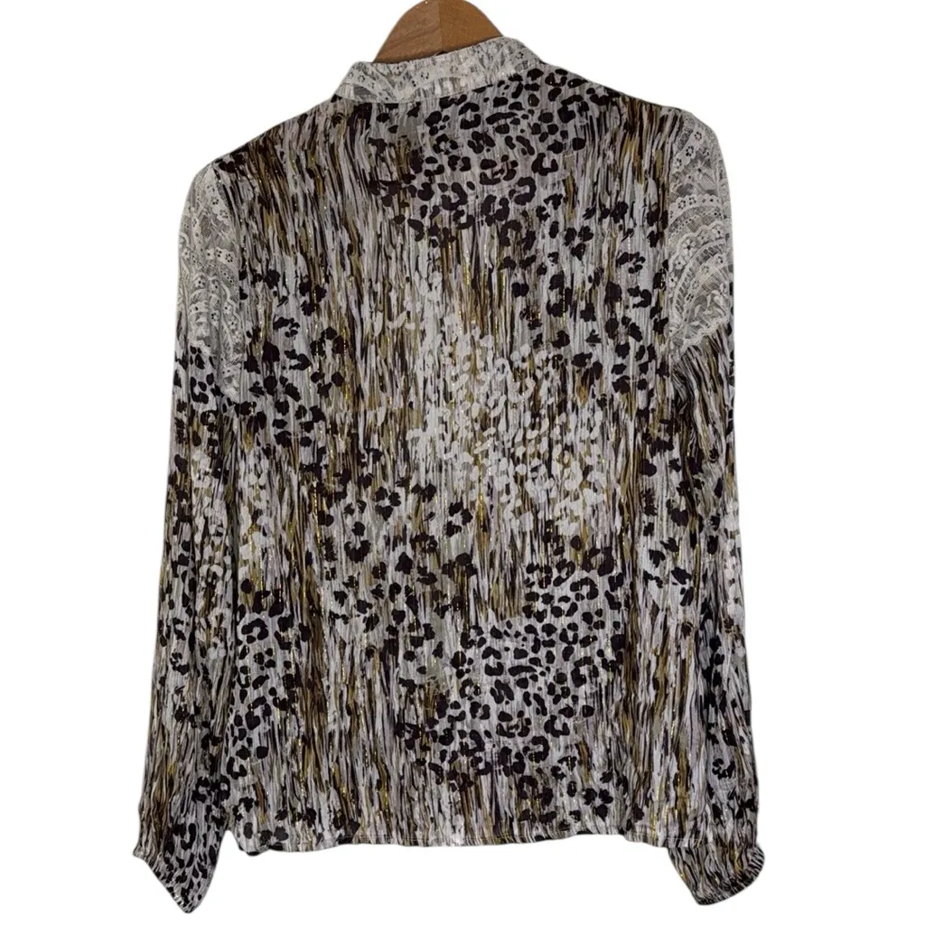 Gimmicks Women’s Animal Print Mock Neck Ruffle Lace Trim Sheer Top Blouse size S Brown - Image 3