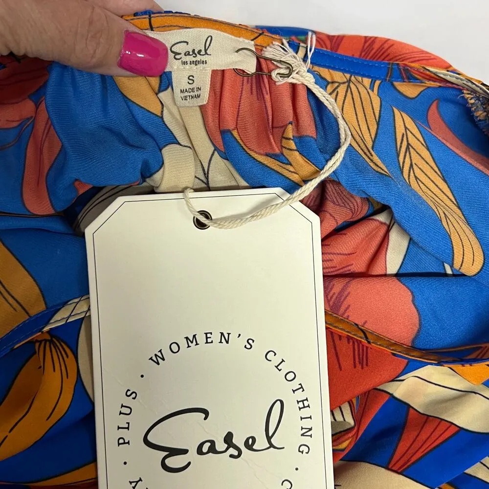 Easel Geometric Floral Maxi Dress Blue Tiered Pockets Small V Neck Boho NWT - Image 6