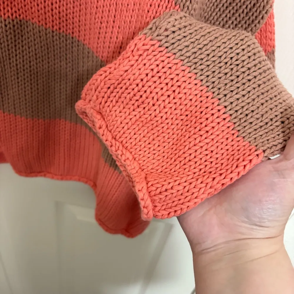 Aerie Coral Pink and Tan Striped Knit Oversized Sweater - Image 3