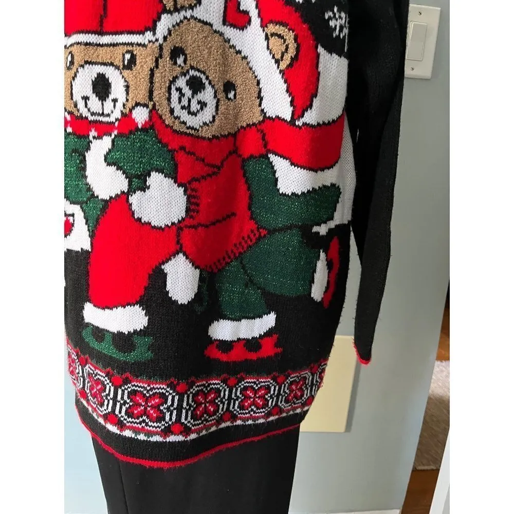 Vintage 80s Nitty AKM navy blue ice skating Christmas teddy bear sweater Med - Image 3