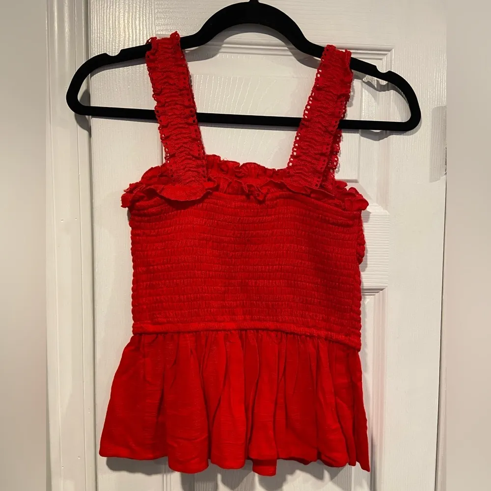 Joppa Size XS Red Stretchy Smocked Ruffle Hem Eyelet Lace Strap Crop Tank Top - Image 8