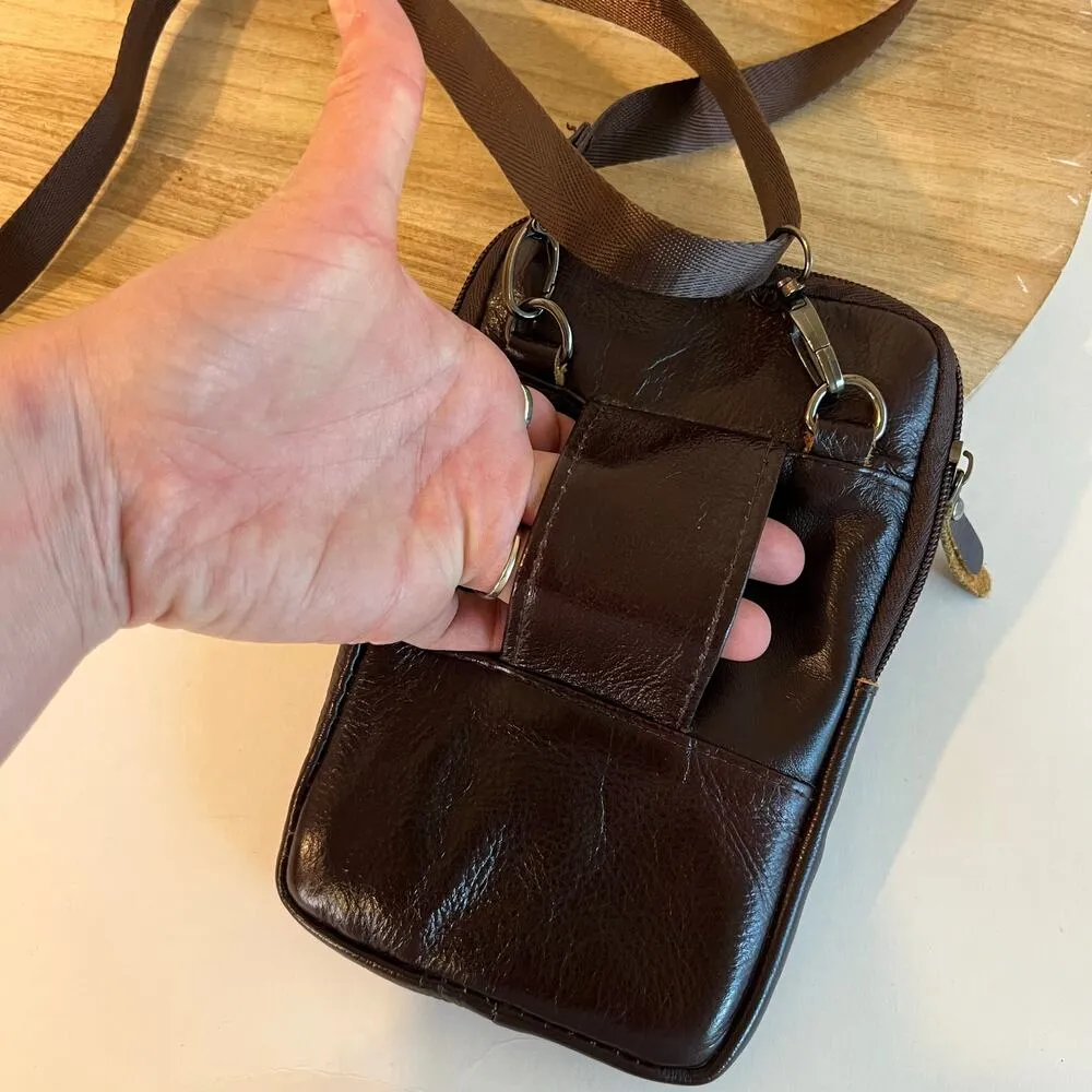 Brown Handcrafted Brown Genuine Leather Festival Riding Belt Bag Crossbody Bag - Image 6