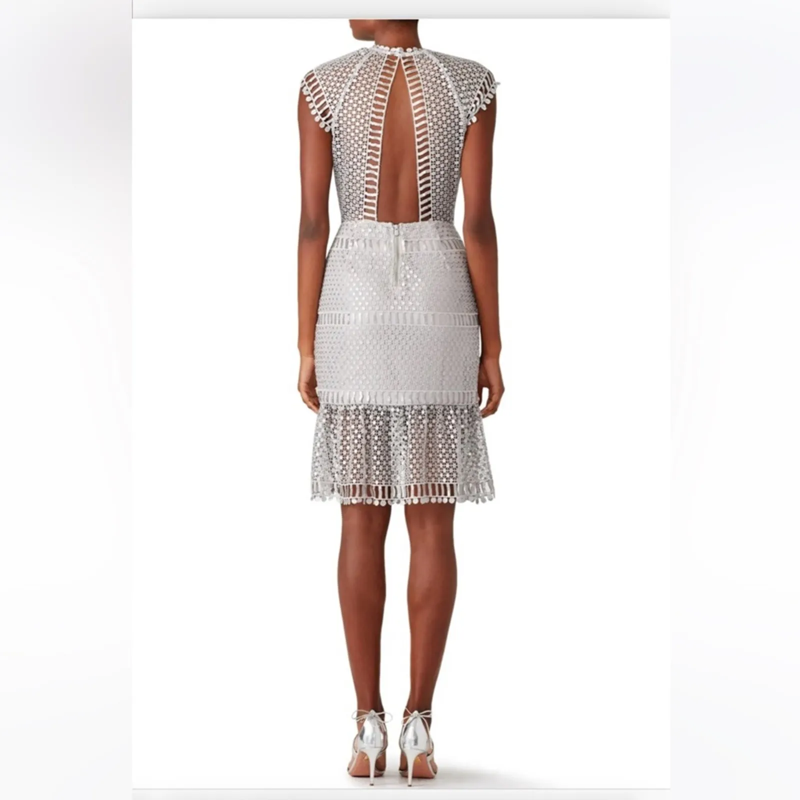 Saylor Silver Illusion Netted Sequin Sheath Dress Small Cocktail Party Fairy - Image 16