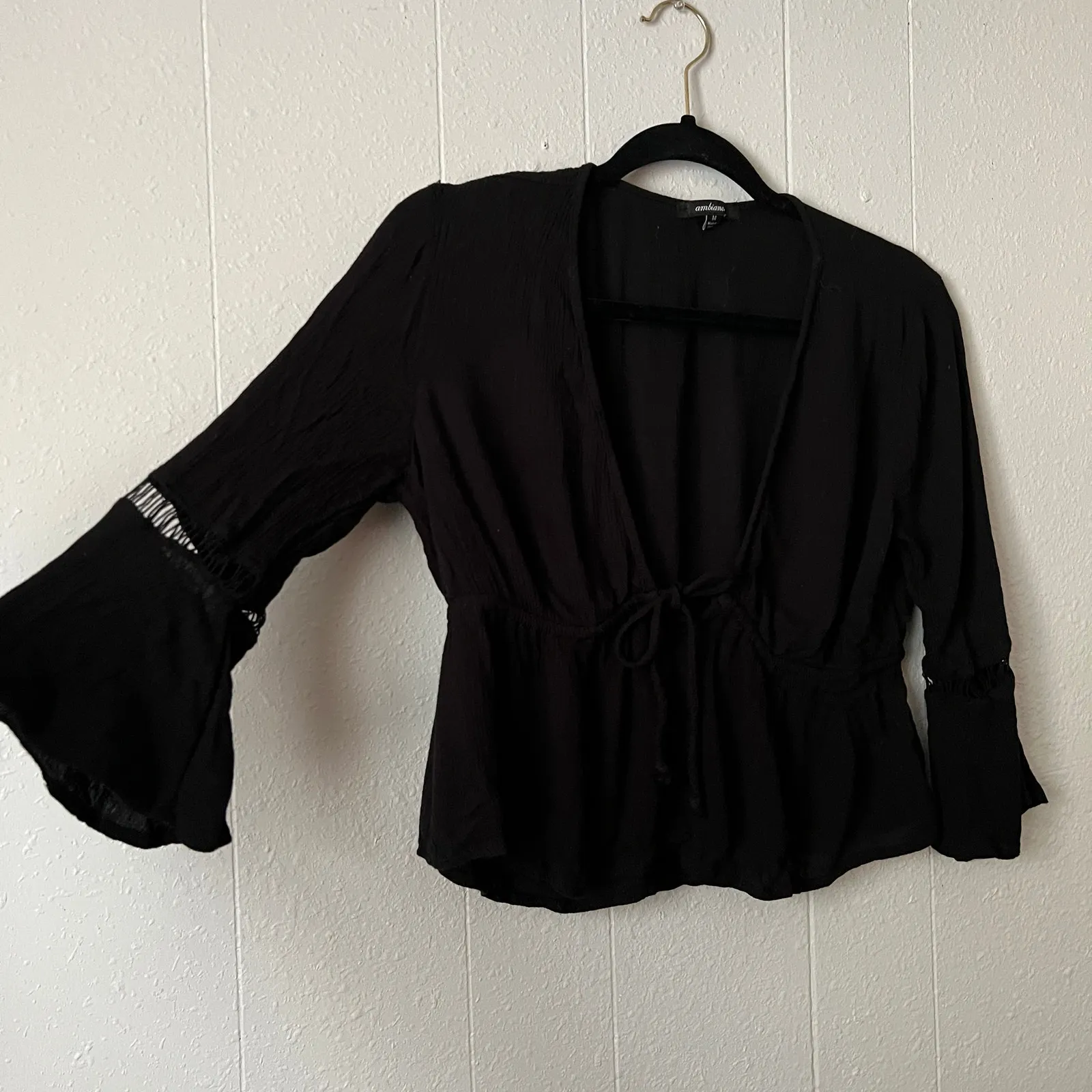 Ambiance Top Womens XS Flared Sleeve Cropped Witchy Goth Boho Dark Fairy Y2K Black - Image 5