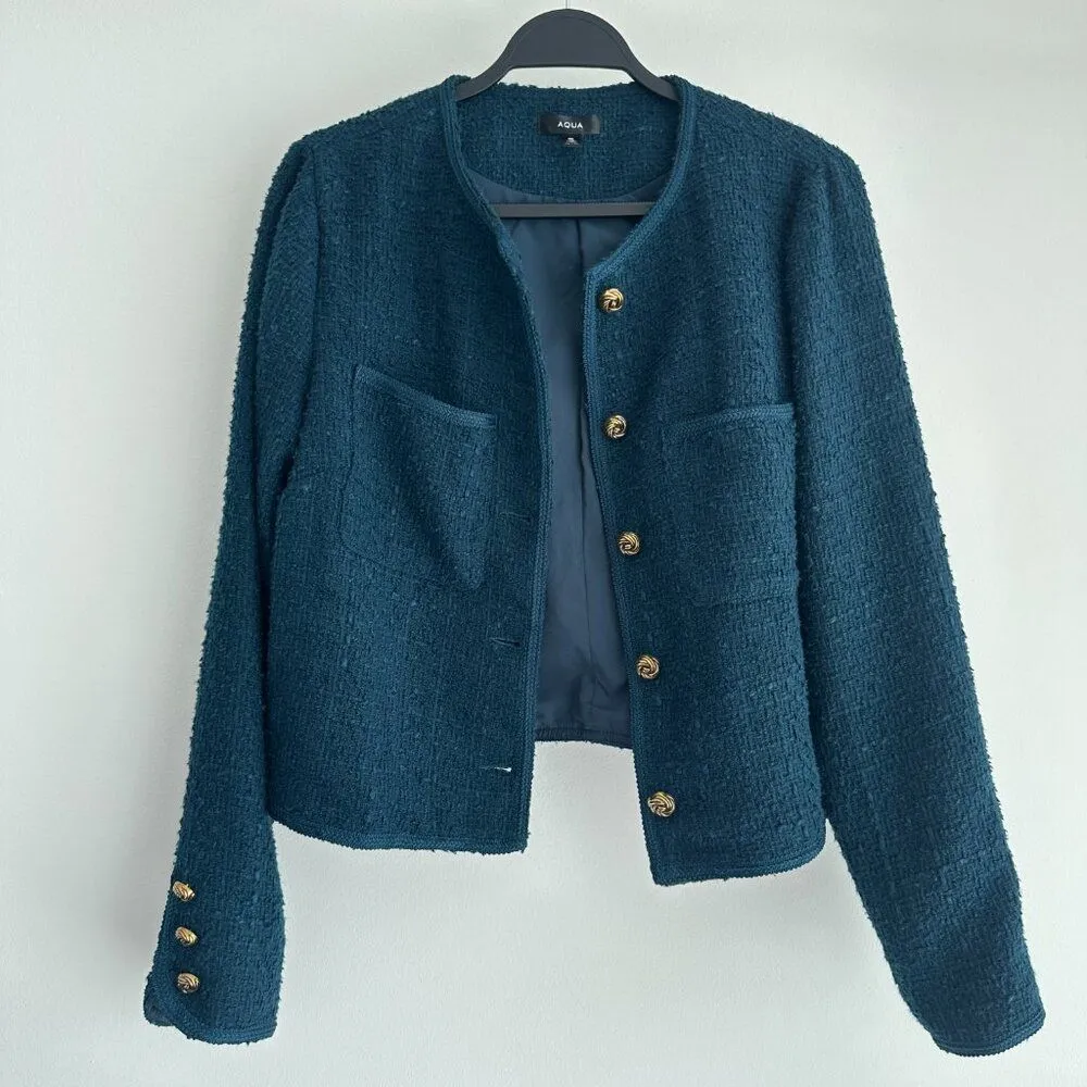 AQUA Teal Blue tweed jacket Womens Large - Image 3