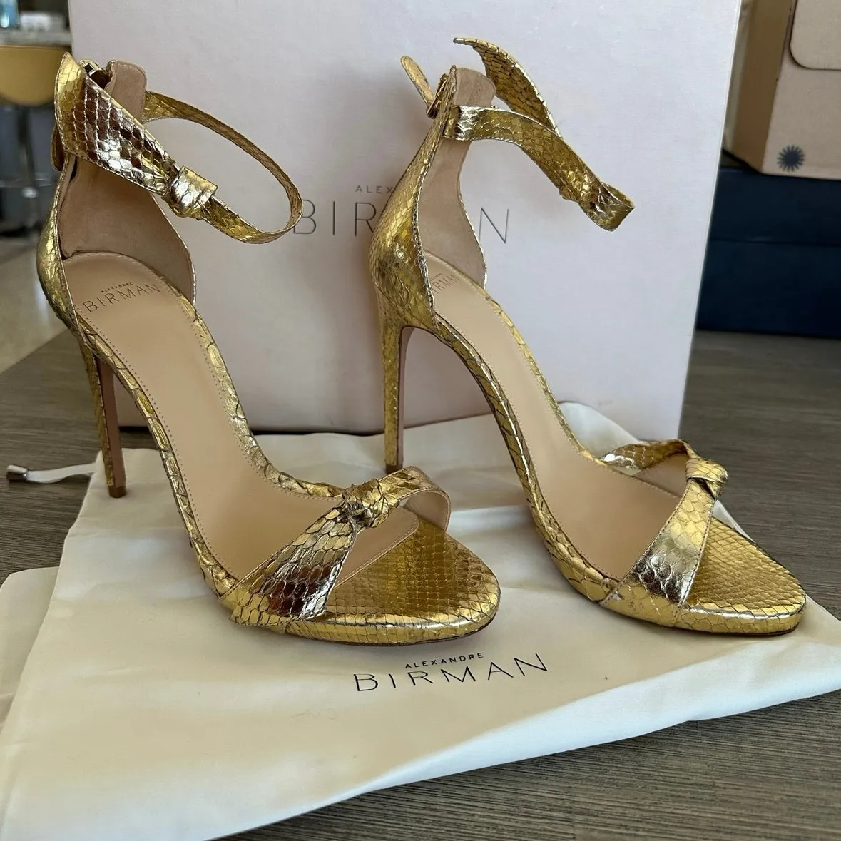 Alexandre Birman Metallic Gold Clarita Python Ankle Wrap Sandals Size 36.5 NEW - Image 4