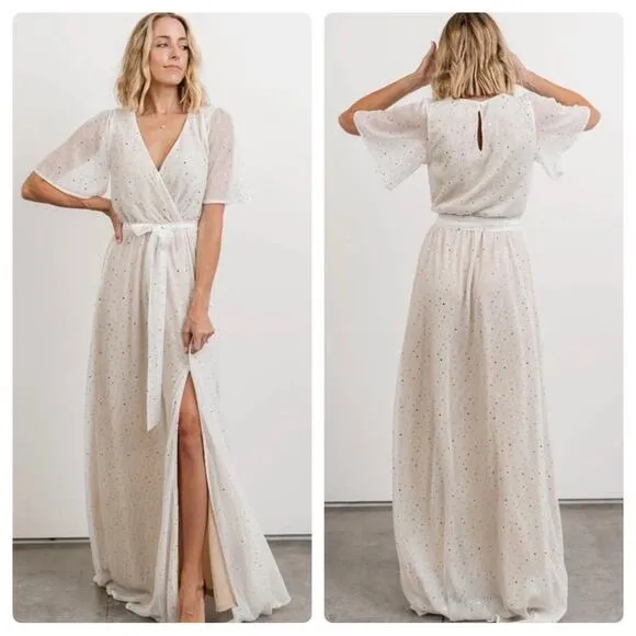 NWT Baltic Born Grace Sparkle Gown in White & Gold Faux Wrap Full Length Size L - Image 2