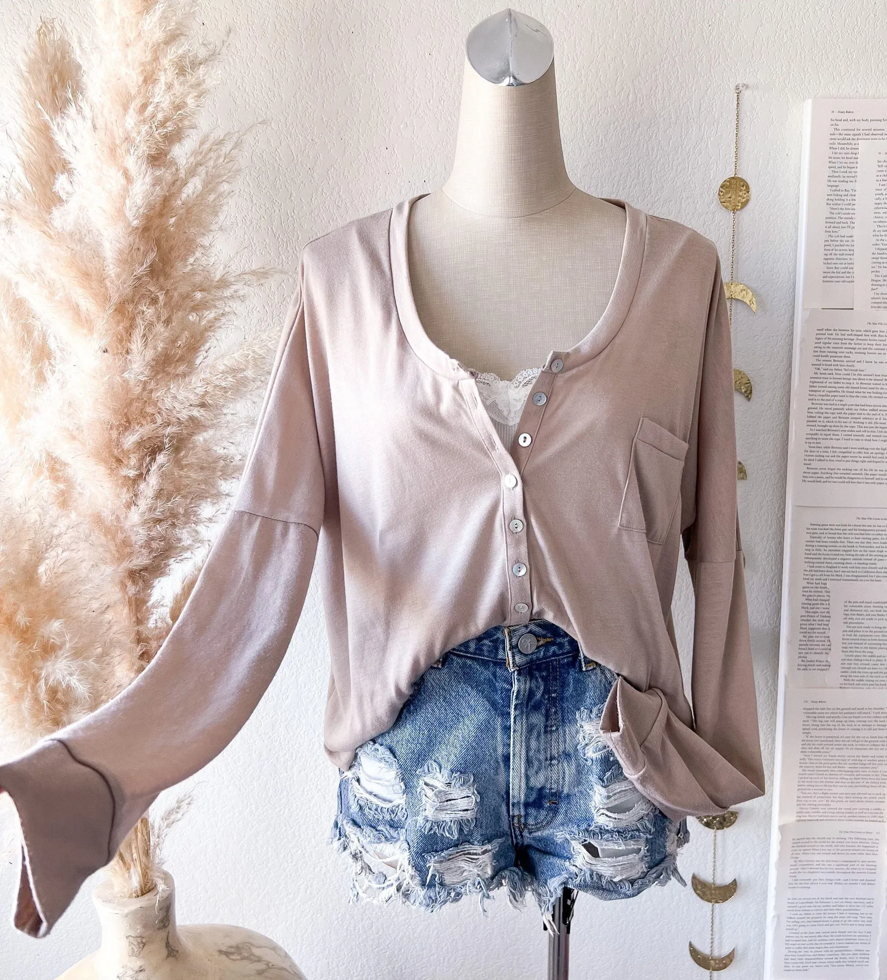 Taupe Henley Half Button Up Scoop Neck Long Sleeve Top - Image 3