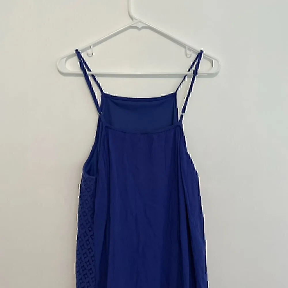 XHILARATION Cobalt Blue Floral Crochet Lace Trim Square Neck Trapeze Swing Dress - Image 9