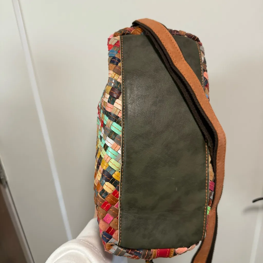 Multicolor Leather Basket Weave Shell Purse Bag Shoulder Crossbody Abstract - Image 7