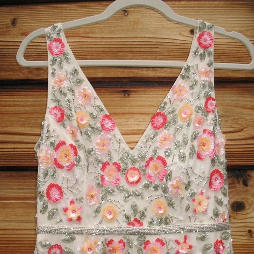 Mac Duggal 5527 Cream V-Neck Sleeveless Midi Floral Beaded A-line Dress $598 - Image 10