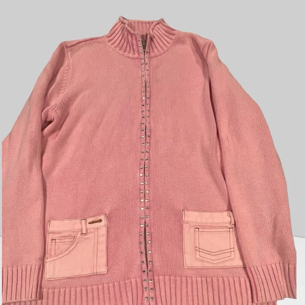 Quacker Factory Zip Up Sweater Womens Large Cardigan Rhinestone Pockets Pink - Image 2