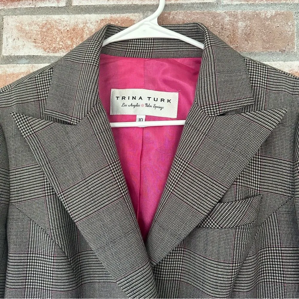 Trina Turk Wool Blend Plaid Blazer Jacket Women’s 10 Black White Pink Y2K - Image 2