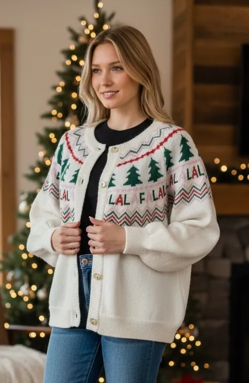 NWT Sincerely Jules Festive FA LA LA Christmas Cardigan Sweater Trees Holiday White Size M - Image 1