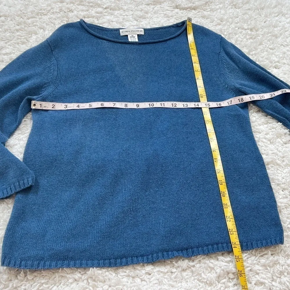 Evan Picone Linen Cotton Knit Scoop Neck 3/4 Sleeve Blue Sweater Medium Pullover - Image 3