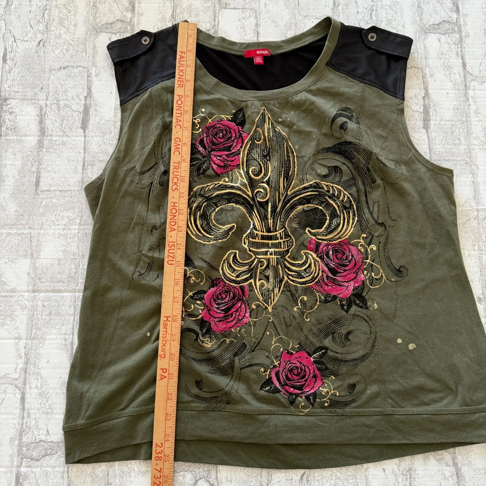 Bongo VTG Y2K Green Subculture Grunge Embellished Fleur-de-Lis Top Sz 1X - Image 8