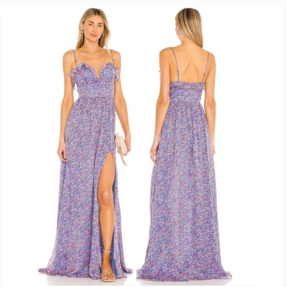 NEW NWT Sau Lee Florence Silk Gown Ruffle Sweetheart Slit Chiffon Maxi Size US 4 Blue - Image 2