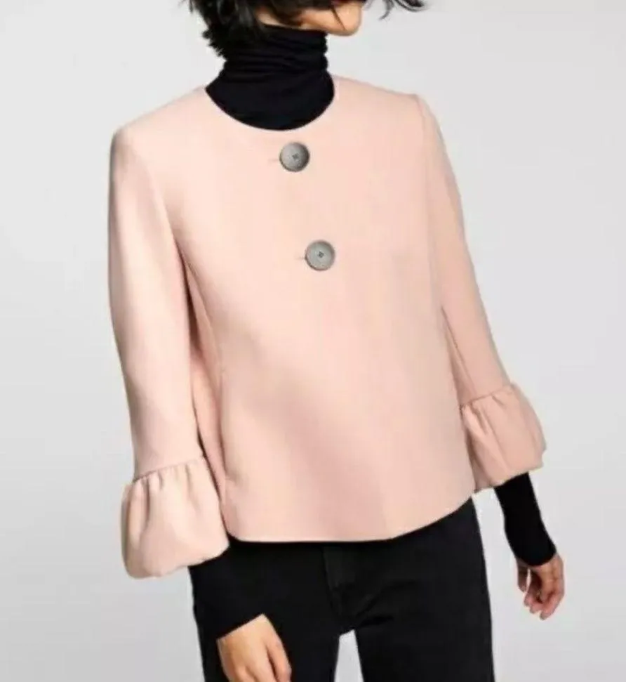 Zara Light Pink Blush Blazer Jacket Ruffle Cuff Double Button - Image 2