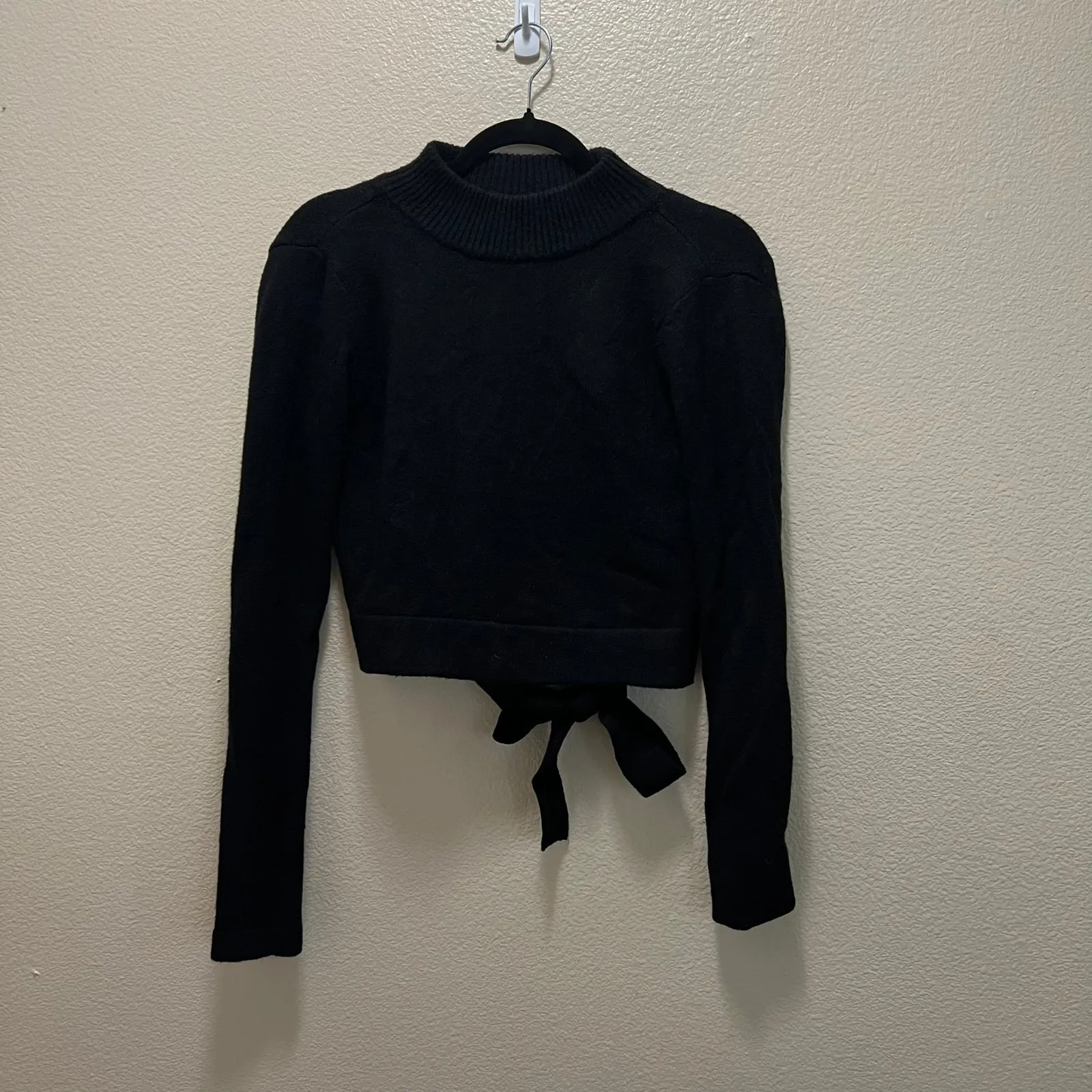 rue21 Crop Top Sweater Black Long Sleeve Pullover Back Tie High Neck Sz XS - Image 2