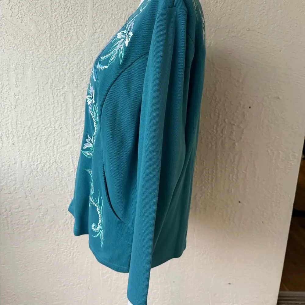 Bob Mackie Wearable Art Embroidered Floral Bird Jacket Zip Up Size Large Teal - Image 5
