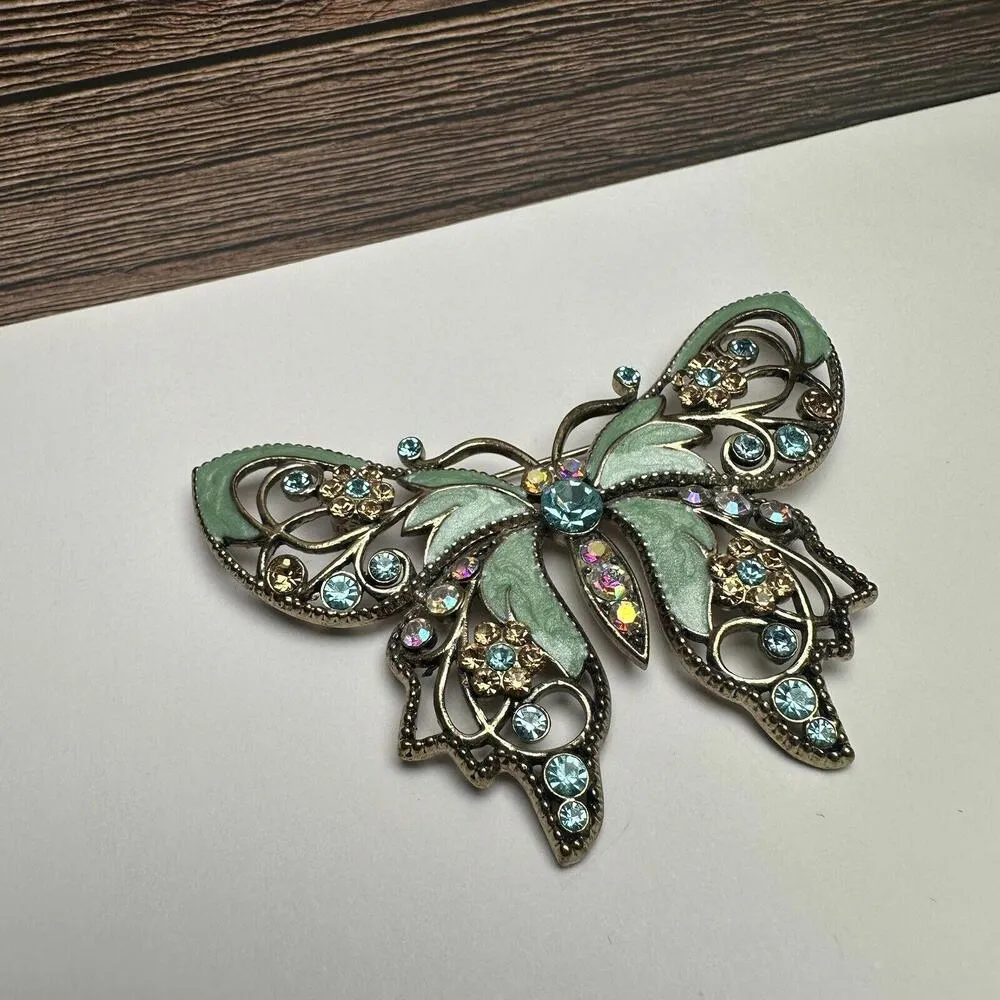 Large Avon SP Rhinestone Butterfly Insect Enamel Gold Tone Brooch Pin Blue Green - Image 11