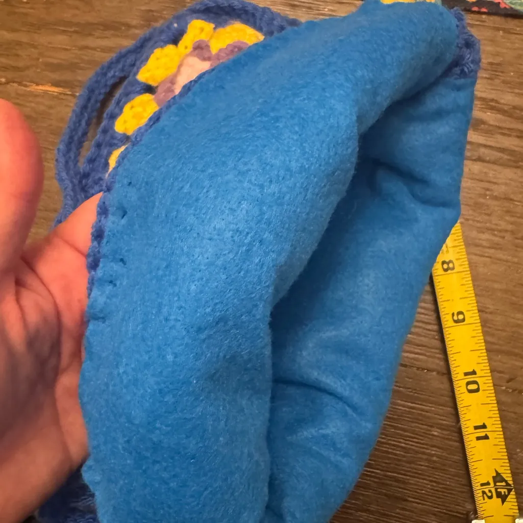 Colorful Crochet grandmacore handmade yarn Bag felt lined royal blue 9x9 inch - Image 6