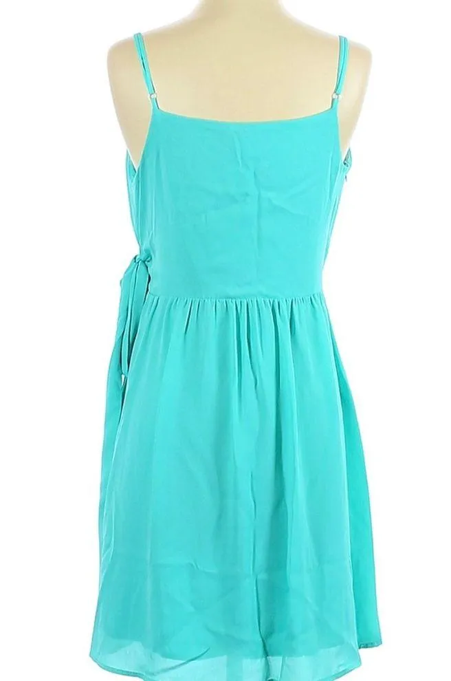Francesca’s buttons aqua chiffon faux wrap dress size small - Image 2