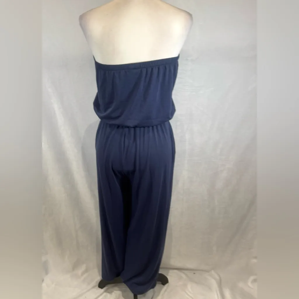 Zesica blue strapless soft and comfy wide leg jumpsuit with pockets size small - Image 3