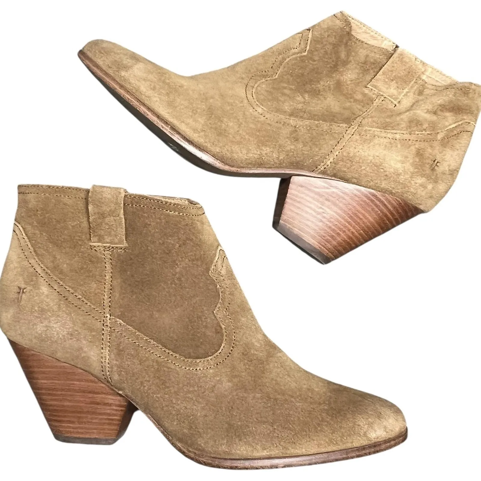 Frye Reina Ankle Boots 10 Cognac Suede Western Ankle Zip Stacked Heel Booties - Image 6