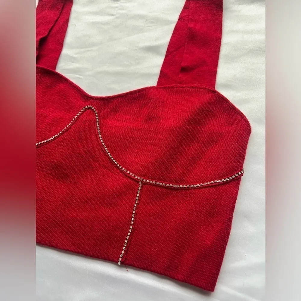 On 12th Red Rhinestone Corset Detail Crop Top Medium - Image 4