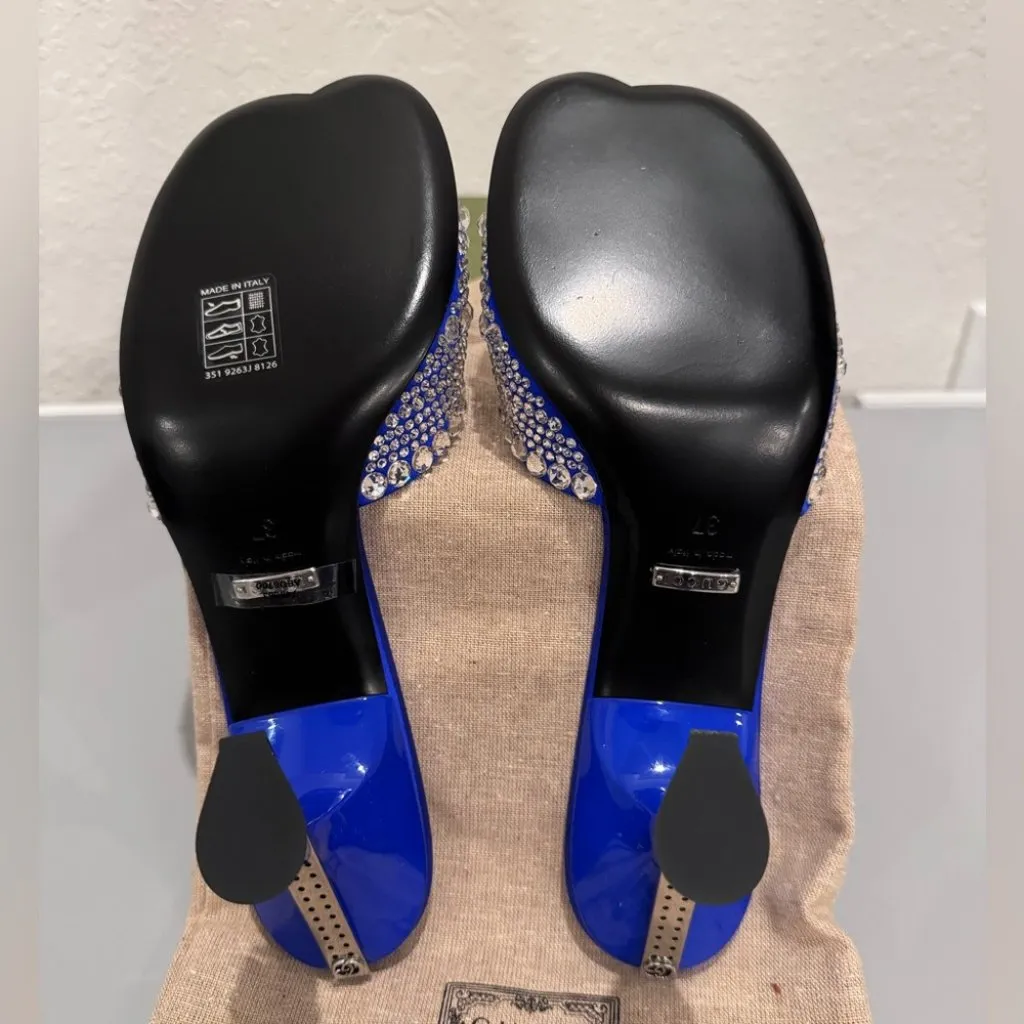 GUCCI Galactica Satin Crystal 65mm Slide Blue Sandals Size 37 NIB - Image 7