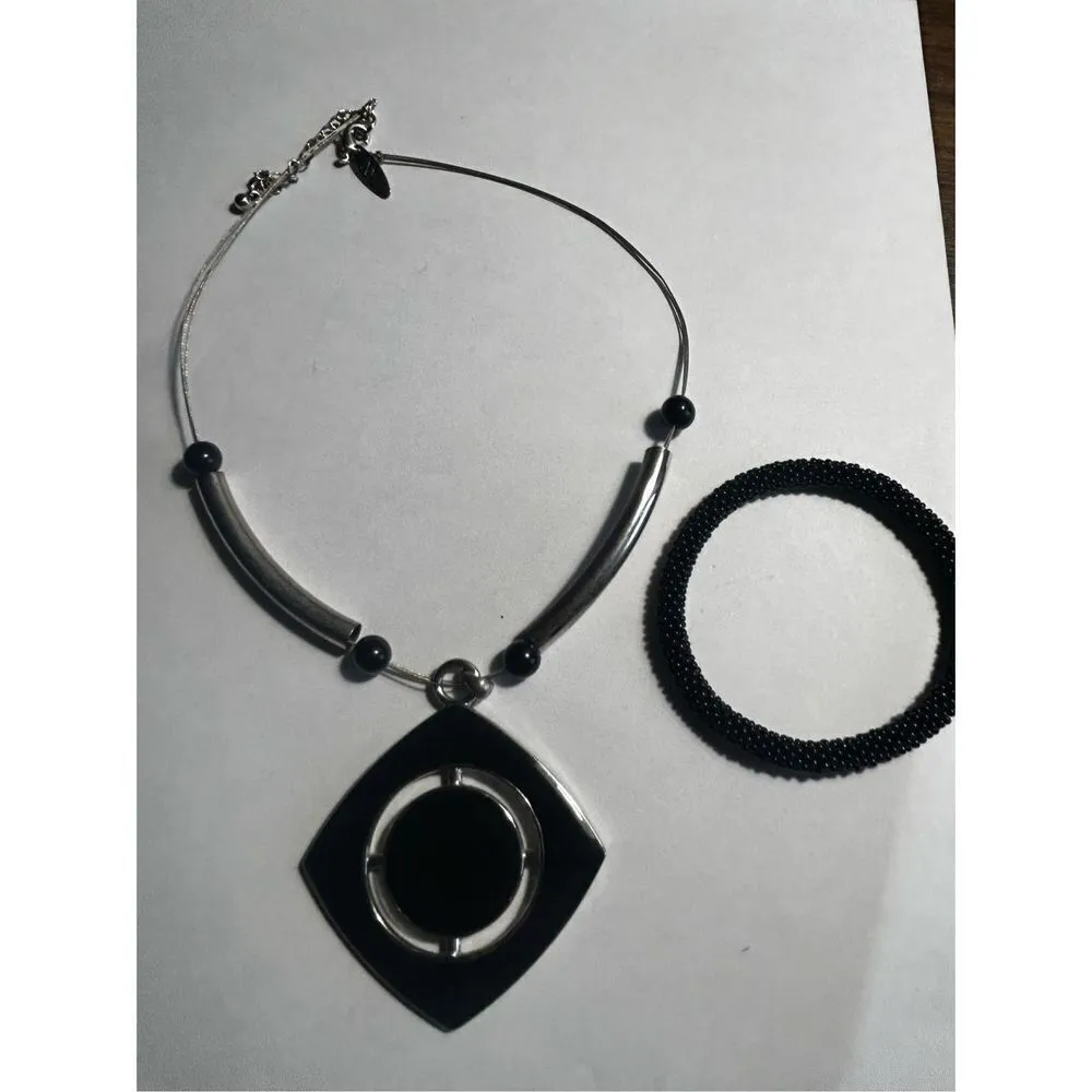 New York & Company black & silver block statement necklace and beaded bracelet s - Image 9
