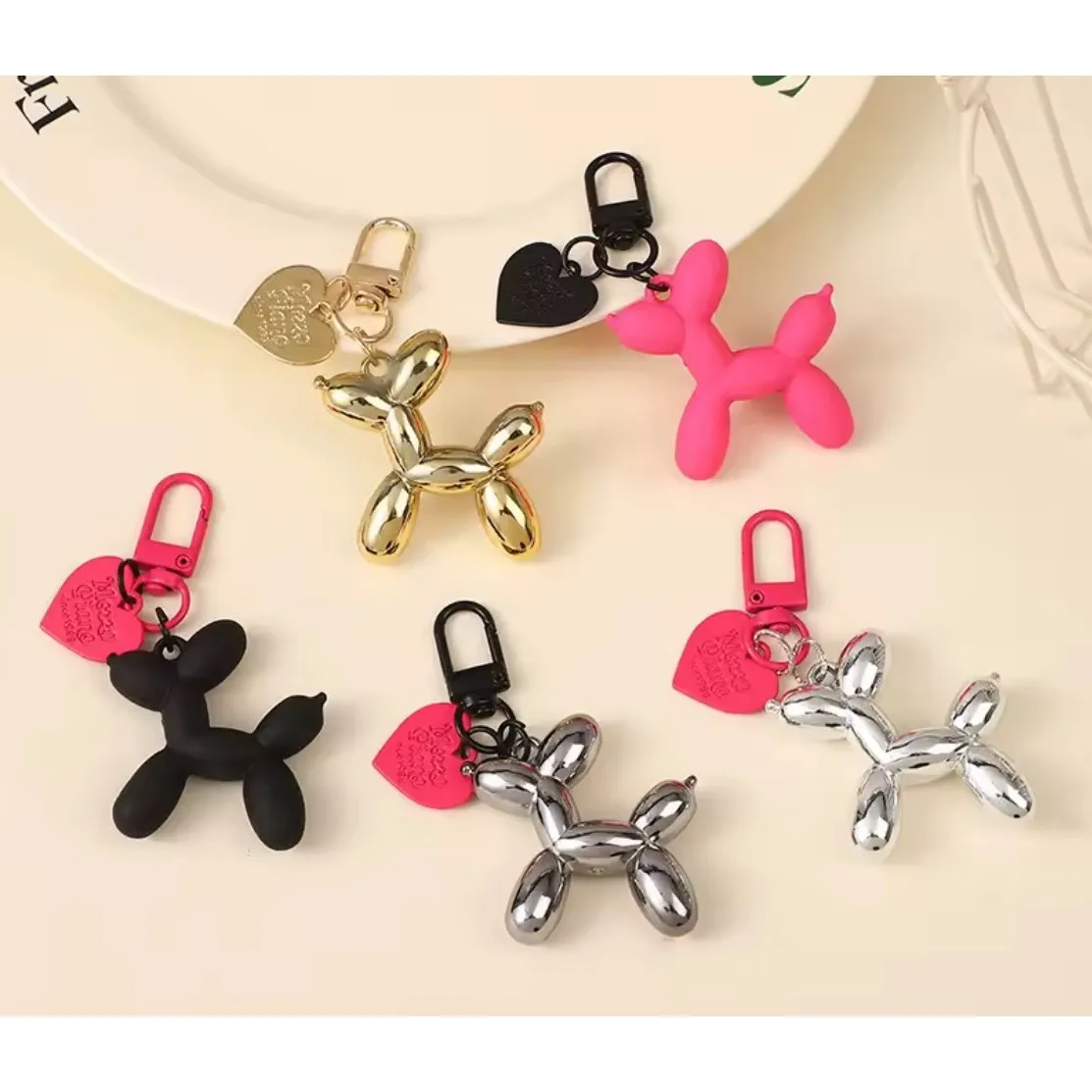 NEW Pink Balloon Dog Keychain Heart Charm Keyring‎ Cute Y2K - Image 2